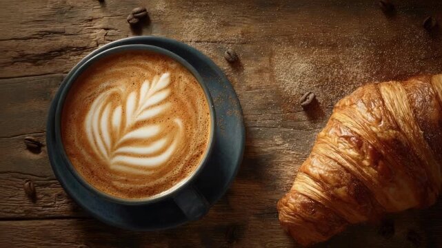 Latte with leaf latte art in a dark blue cup on a saucer beside a croissant on a wooden table.