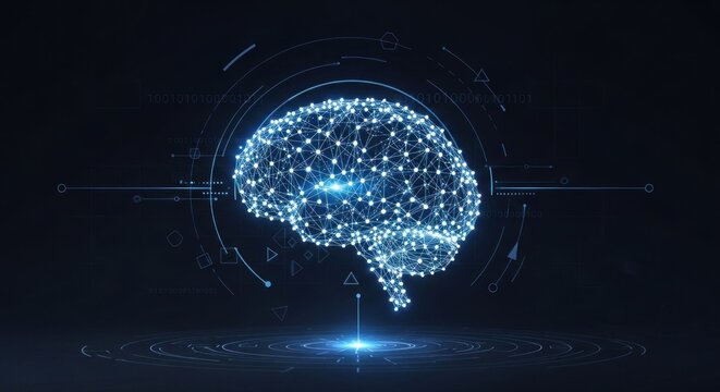 A futuristic, digital brain with a glowing, blue, wireframe design, surrounded by a circular, blue, digital interface with geometric shapes and lines, set against a dark, black background.