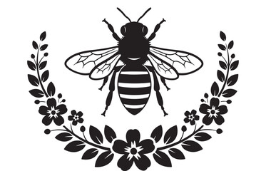 Black silhouette of a bee with wings spread, framed by a floral wreath, isolated on white background