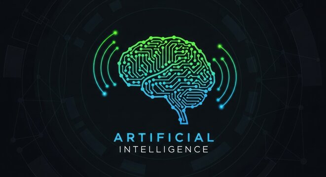 A futuristic brain icon with green and blue circuit board patterns, surrounded by a circular pattern with a dark background and a light blue glow.