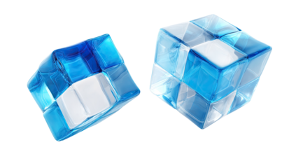 Two translucent blue and white cubes, angled
