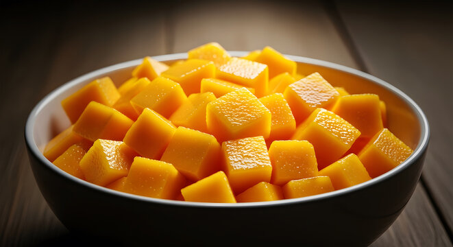 Freshly Diced Ripe Mango Cubes Overflowing in a White Bowl on a Wooden Surface diced mango fruit