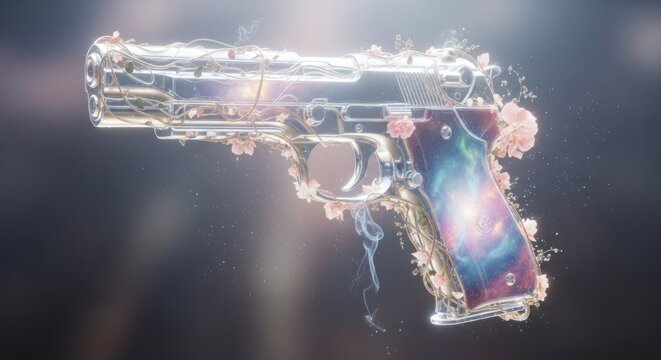 A futuristic, glowing, transparent gun with floral decorations and a cosmic background.