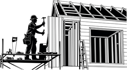 Construction worker on scaffold, house framing illustration, black and white sketch, hammering nails, residential building process, safety gear, ladder scene