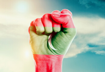 Maldives national flag fist raise in the sky. The hand with flag raise in beautiful soft sky. Maldives national flag for independence day.