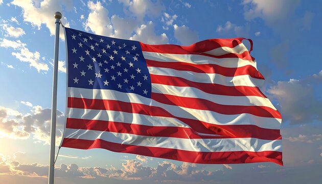 US flag flutters against a sky of white clouds and blue sky with bright light