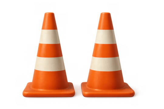 Two orange and white traffic cones standing upright, symbolizing road work, construction, and safety warnings