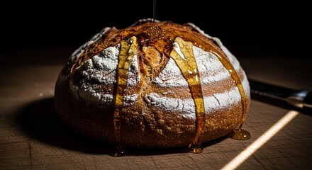 Golden honey cascading down a rustic sourdough loaf, inviting warmth and deliciousness, a perfect culinary indulgence for baking enthusiasts