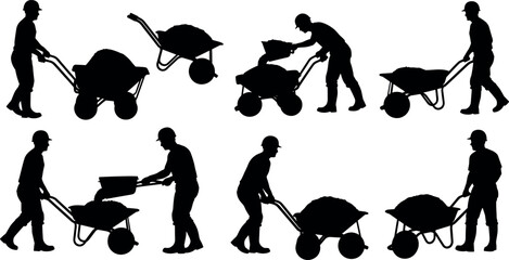 Construction worker silhouette set, wheelbarrow activity, manual labor, black illustration, safety gear, hard hat, soil transport, industrial work concept