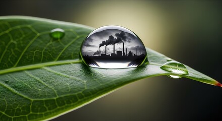 Industrial reflection in a captivating water droplet on a green leaf, a striking environmental statement for sustainable energy solutions and eco-conscious brands