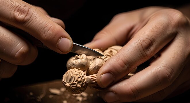 Crafting art with precision, a skilled artisan delicately carves intricate details into a wooden sculpture, showcasing passion and dedication to craft