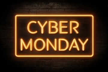 A bright orange neon sign displays the words 'CYBER MONDAY' on a dark textured background.