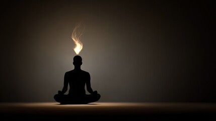 Silhouette of Meditating Person With Fiery Head in the Dark Studio for Mindfulness and Inner Peace