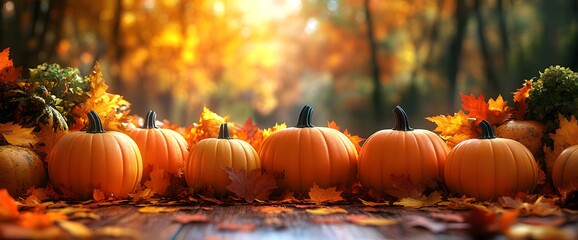 Bright orange pumpkins displayed among colorful autumn leaves in a tranquil forest setting during golden hour