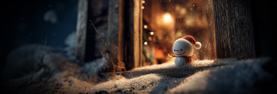 Close-up of a tiny smiling snowman outside a mountain cabin window at night, wearing a Santa hat, with warm festive lights glowing inside, creating a magical and cozy Christmas scene. Generative Ai. - Powered by Adobe