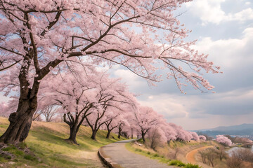Pink cherry blossom tree in spring landscape with blue sky