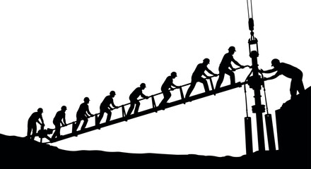 Beam installation teamwork silhouette set, cartoon construction workers positioning structural element illustration, vector engineering coordination concept, black and white graphic, labor scene