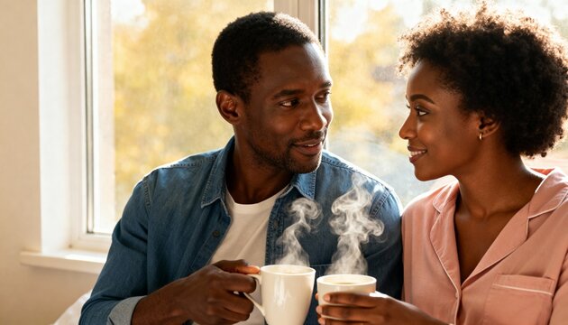 Smiling black couple enjoying morning coffee at home by the window. Man and woman in love sharing an intimate moment. Relationship and togetherness concept