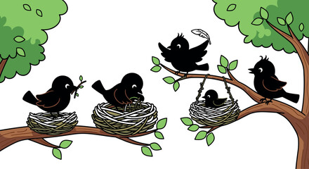 Birds nesting and feeding chicks on tree branches, educational wildlife vector illustration for decor, logo, editorial, nature, and kids design use