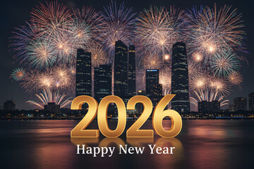 luxury 2026 happy new year celebration with fireworks and reflections