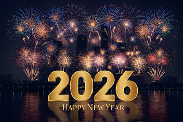 golden 2026 numbers with colorful fireworks above city waterfront
