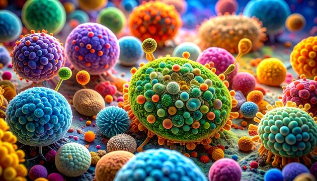 Varied, colorful spherical objects with textured surfaces cluster together on a textured ground