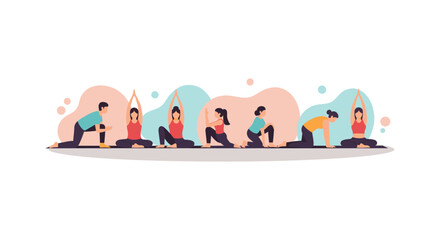 A diverse group of individuals practices various yoga poses, promoting wellness, fitness, and a balanced lifestyle in a colorful, illustrated scene.