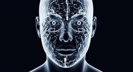 A human face with a digital grid overlay, set against a black background.