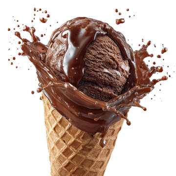 Chocolate ice cream scoop in waffle cone with chocolate splash