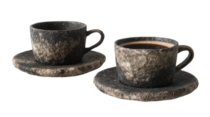Two dark gray coffee cups and saucers, speckled with lighter gray