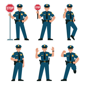 Diverse poses of a friendly police officer in uniform, directing traffic and interacting.