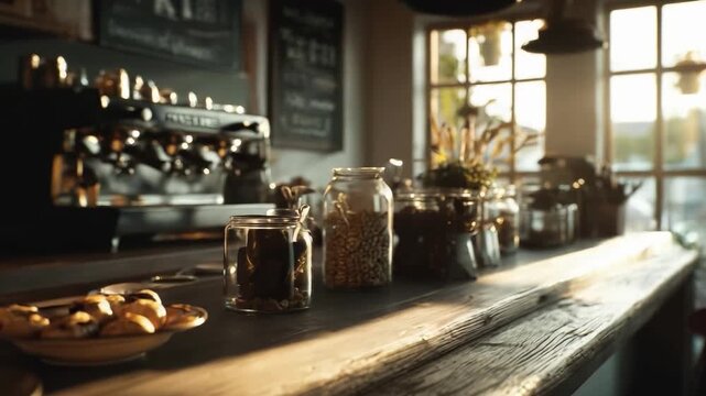 A cozy cafe counter with pastries on a rustic wooden bar and a coffee machine in the background.