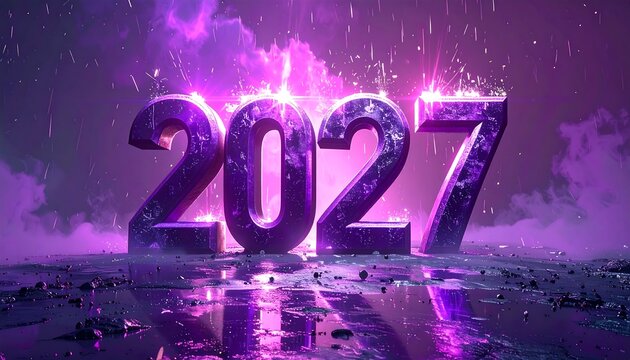 Vivid purple year "2027" on reflective ground with hazy, cloudy atmosphere and sparkling lights behind the numerals
