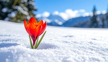 Vivid red crocus emerges from the snow, set against blurred snowy peaks and a clear blue sky