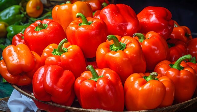 Vibrant pile of red and orange bell peppers filling the frame, with blurred green peppers in the background