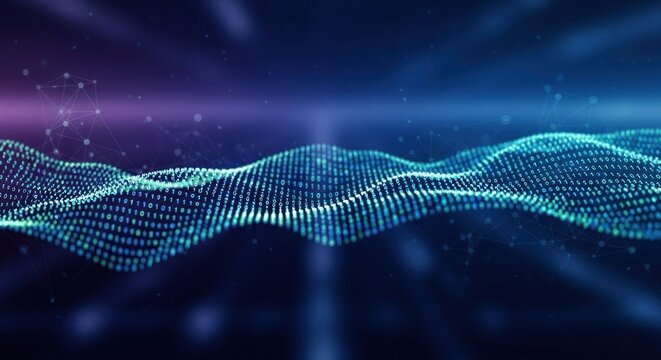 A blue and purple abstract wave pattern with a gradient effect, featuring a mix of geometric shapes and particles, set against a dark background with a gradient effect.