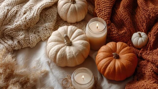 Autumn pumpkins in white and orange with lit candles, set on a cozy knit blanket and warm fall decor.