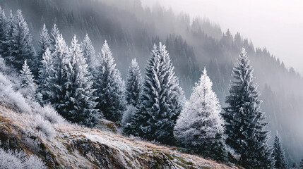 Obraz premium Christmas frosted pine trees on mountain ridge 