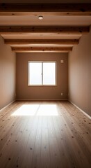 Fototapeta premium Empty room with wooden floor and ceiling beams illuminated by natural light
