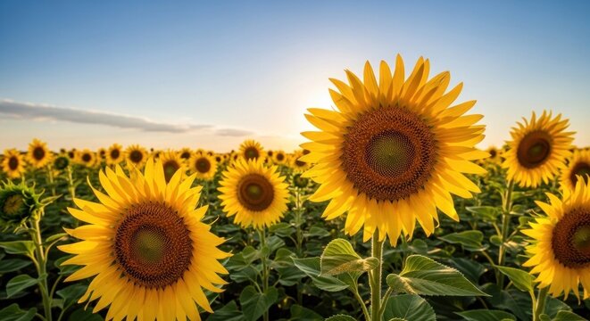A vibrant sunflower field with a clear blue sky and a few scattered clouds in the background. - Powered by Adobe