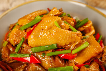 Salt-Baked Chicken Stir Fry with Bell Peppers and Scallions in White Ceramic Bowl
