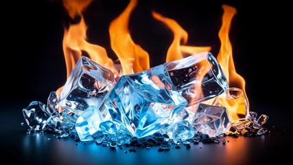 Dramatic visual of ice cubes stacked against bright orange flames creating a captivating contrast on a sleek black surface - Powered by Adobe