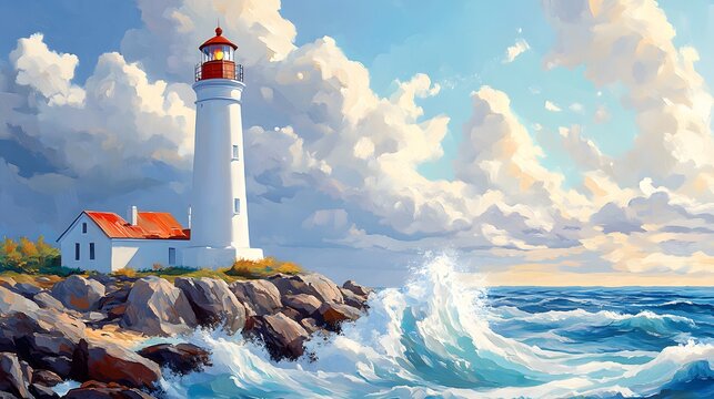 Scenic lighthouse stands by the ocean under a bright sky with dramatic clouds and crashing waves