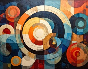 Geometric composition with circular shapes and segmented color palettes