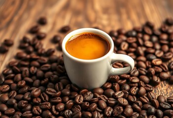 Fototapeta premium Espresso in small cup, coffee beans scattered nearby, roasted, brown