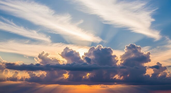A vibrant sunset with a large, fluffy cloud formation in the foreground, with a blue sky and scattered clouds in the background.