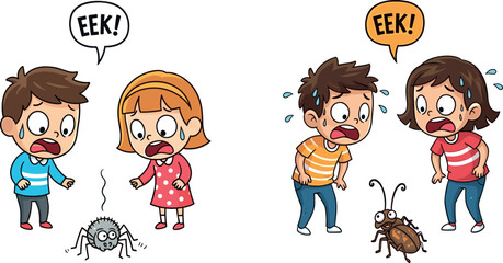 Cartoon kids reacting to spider and cockroach, fear and surprise illustration, expressive emotion scene, creepy crawlies moment, vector bug encounter design