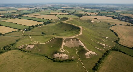 Aerial view showcases a verdant hill with paths and surrounding farmlands under a bright sky