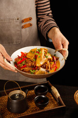 Salt-Baked Chicken Dish with Peppers - Traditional Asian Cuisine Preparation by Professional Chef