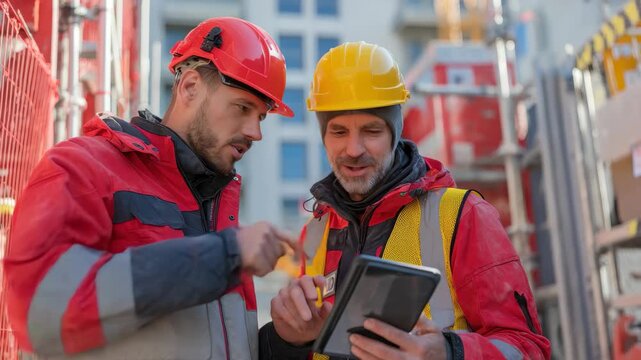 Construction workers collaborate using tablets for building information modeling at a busy construction site during daylight hours